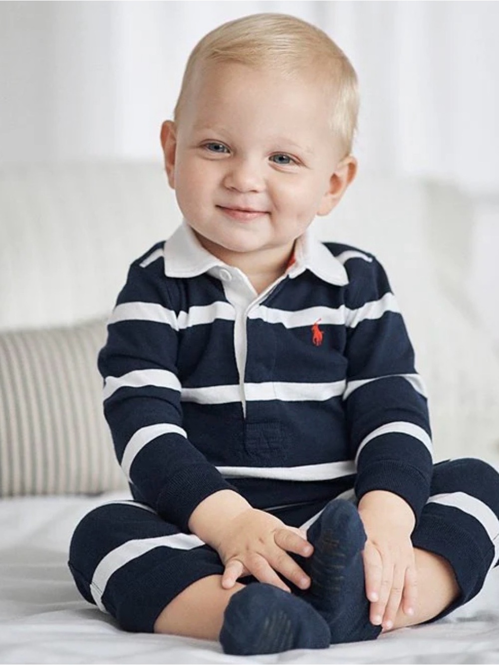 Ralph Lauren Navy & White Rugby Striped Long-Sleeve Coverall  Red Polo Logo